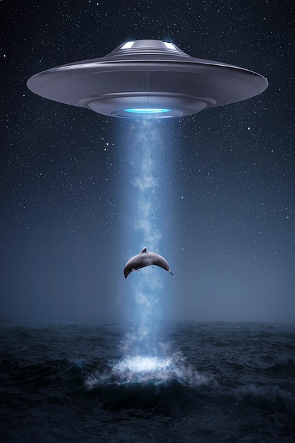Illustration of a UFO beaming up a dolphin from the ocean